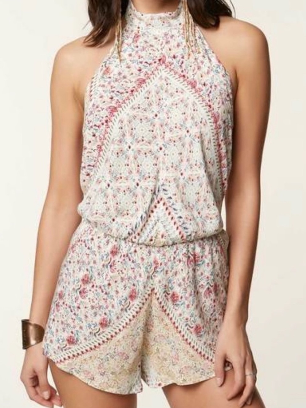 O'Neill Cream Halter Floral Romper with Pink Accents brisa romper M